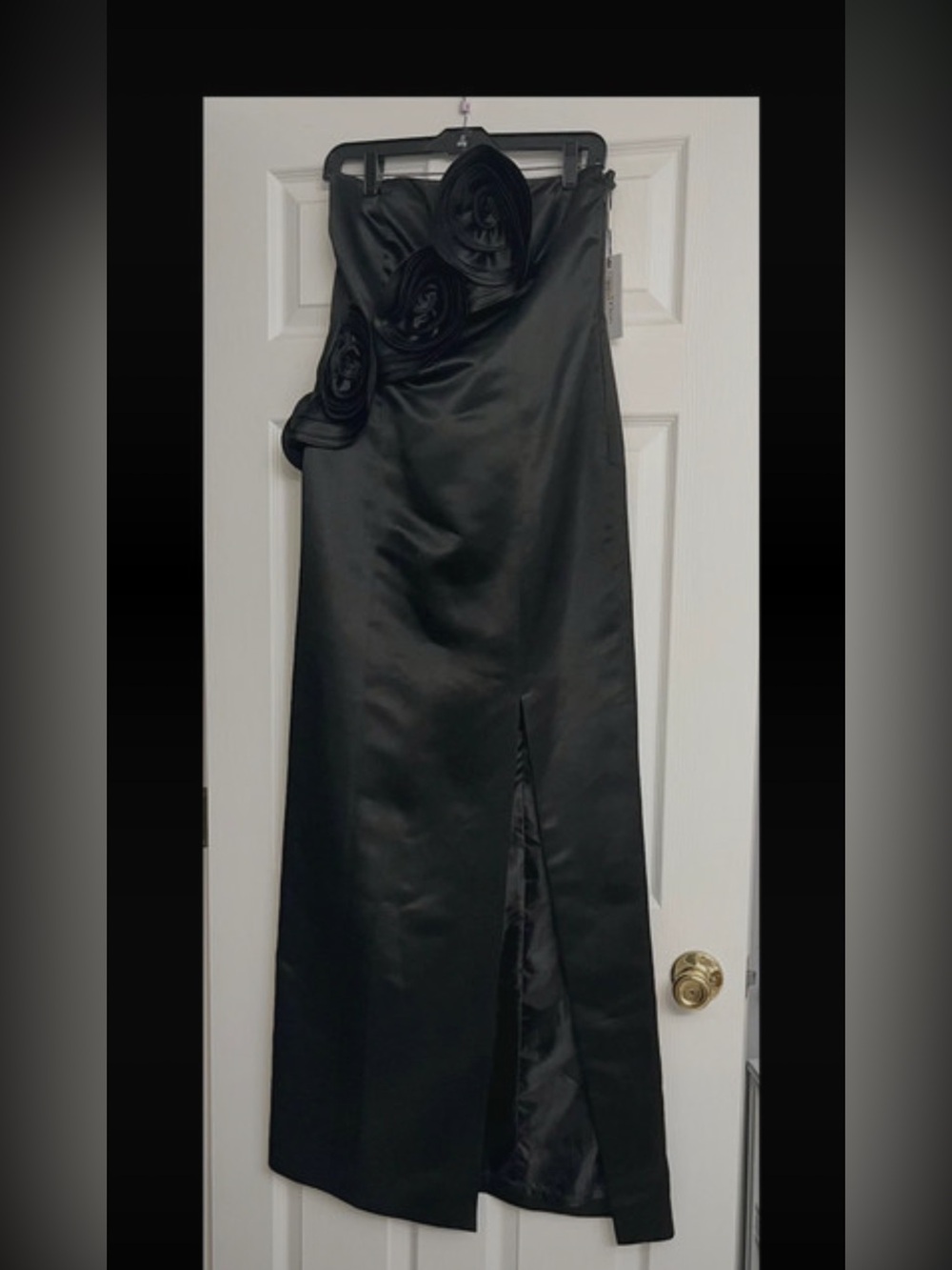 Calvin Klein Black Strapless Satin Maxi Dress with Rosette Detail